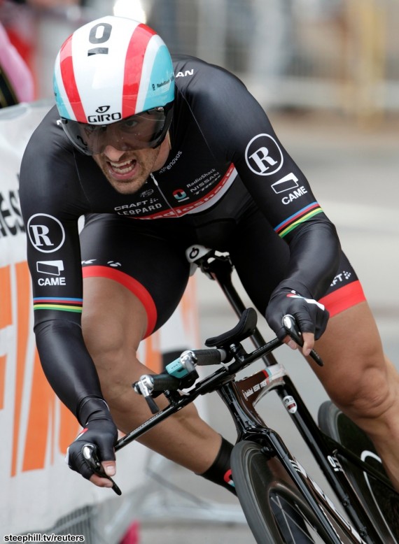 Radioshack's team rider Cancellara of Switzerland cycles to finish second at the prologue of the Tour de Suisse cycling race in Lugano