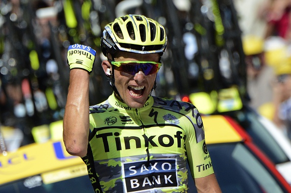 Poland's Rafal Majka celebrates as he crosses the finish line at the end of the 188 km eleventh stage of the 102nd edition of the Tour de France cycling race on July 15, 2015, between Pau and Cauterets, southwestern France.  AFP PHOTO / JEFF PACHOUD        (Photo credit should read JEFF PACHOUD/AFP/Getty Images)
