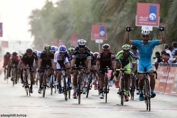 Andrea Guardini of Astana Pro Team on the finish line of  "the Adnoc Stage", the first stage of Abu Dhabi tour cycling race, over 174 km from Qasr Al Sarab to Madinat Zayed, UAE, 8 October 2015. ANSA/ANGELO CARCONI