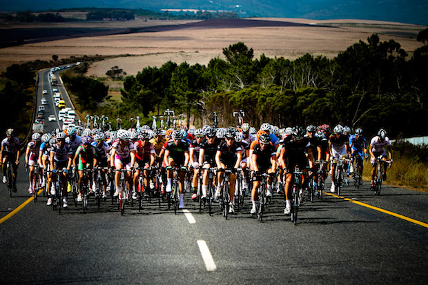 The peloton and caravan move out of Hermanus towards Stellenbosch during stage 6 of the Cell C Tour of South Africa