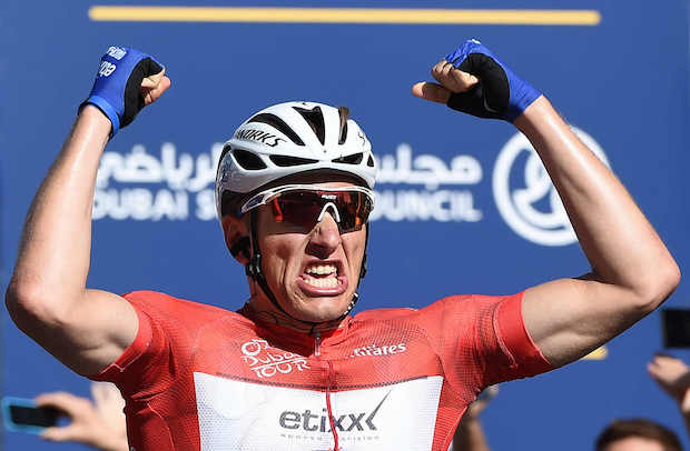 German rider Marcel Kittel of the Etixx–Quick-Step team celebrates as he crosses the finish line to win the fourth stage of the Dubai Tour in Dubai, United Arab Emirates, 06 February 2016. ANSA/DANIEL DAL ZENNARO